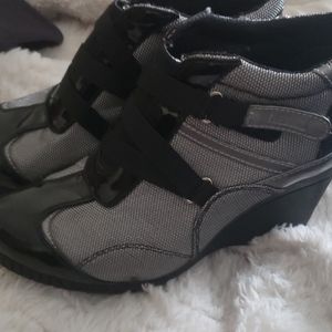BEBE SPORT ANKLE STRAPPY WEDGE BOOTIES